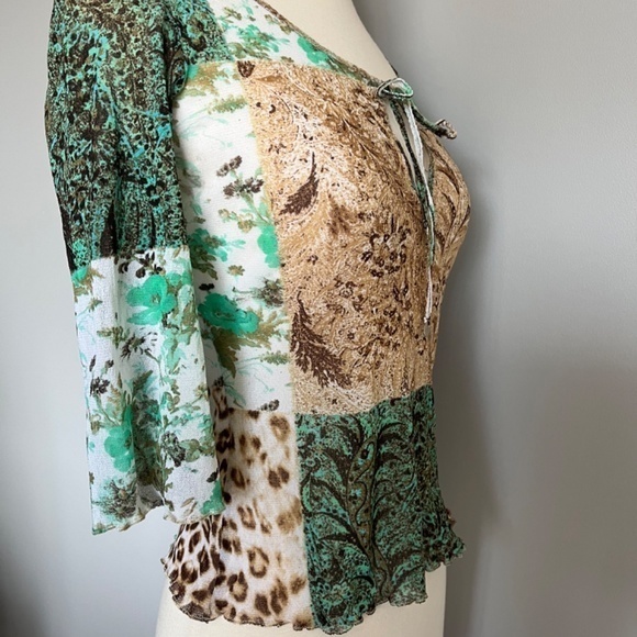 Roberto Cavalli Class Mesh 3/4 sleeves Parsley Floral cheetah Print Top Beach - Picture 9 of 11